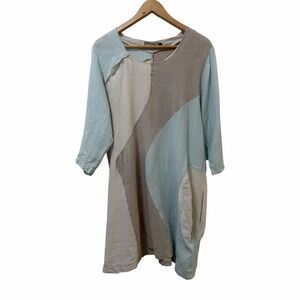 STEFANI Estonia 100% Linen Shift Mini Dress Size M Colorblock Lagenlook Coastal